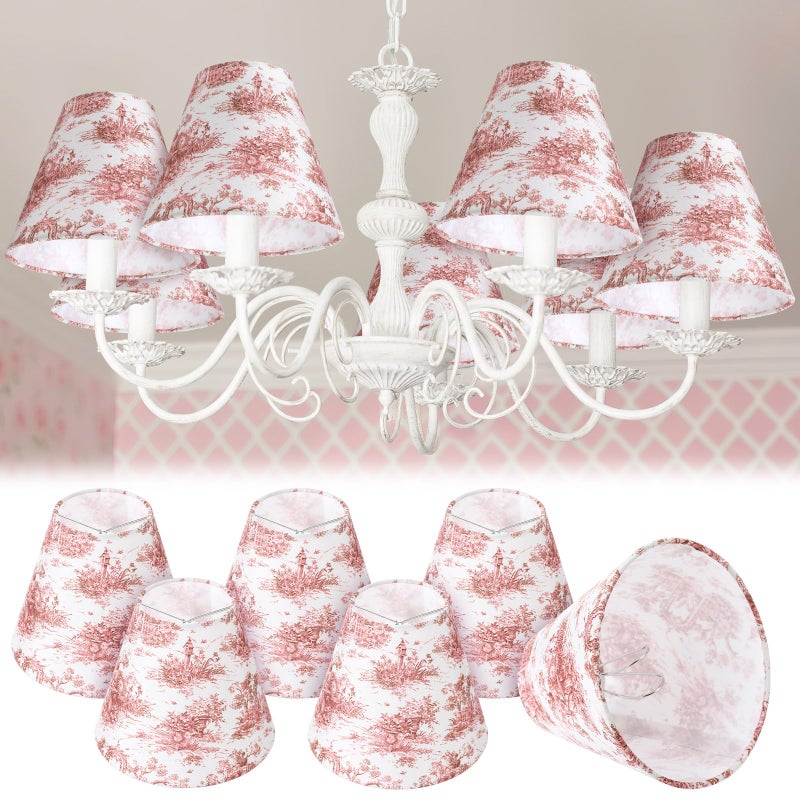 VIHOSE 6 Pcs Chandelier Lamp Shades Small Lamp Shade 3 Top x 6 Bottom x 5 Slant French Countryside Toile Clip on Lampshade for Wall Sconces Pendant LightingFloral ArchVintage Red - Image 2