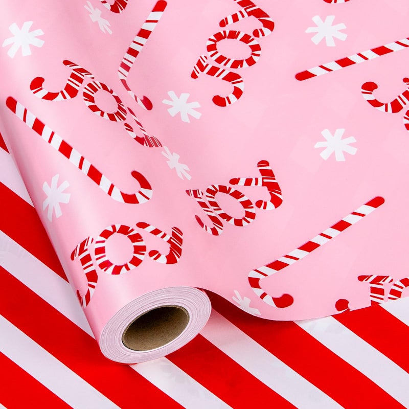 MAYPLUSS Christmas Gift Wrapping Paper Roll 17 Inch X 33 Feet Reversible Pink Candy Cane and Stripe Design for Winter Gift Wrap DIY Craft Christmas Party Holiday and Birthday