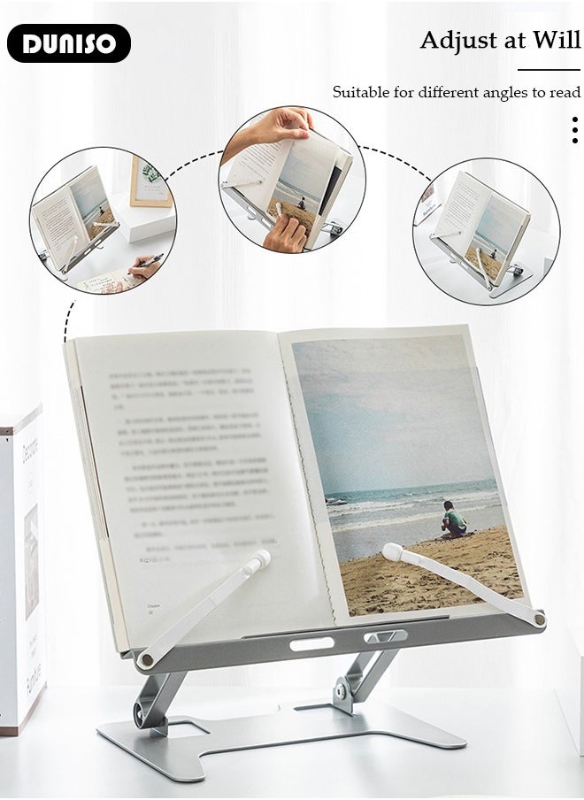 DUNISO Carbon Steel Book Stand Holder, Foldable Large Book Stands Reading Book Holder With Mutiple Adjustable Height and Page Clips, Foldable Metal Book Holder For Textbook, Music Books, Laptop  - Image 2