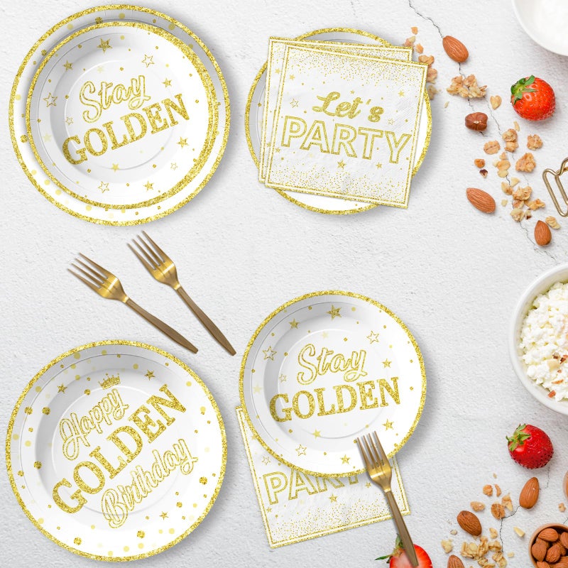 Grencian 96Pcs Golden Birthday Party Decorations White Gold Birthday Party Plates and Napkins Disposable Stay Golden Paper Tableware Set for Women Men Happy Birthday Party Supplies  Serves 24 - Image 4