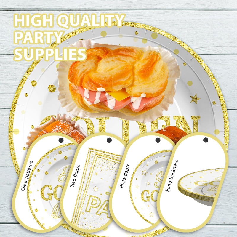 Grencian 96Pcs Golden Birthday Party Decorations White Gold Birthday Party Plates and Napkins Disposable Stay Golden Paper Tableware Set for Women Men Happy Birthday Party Supplies  Serves 24 - Image 2