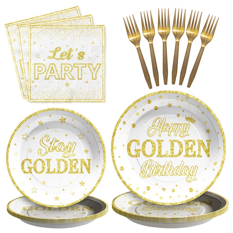 Grencian 96Pcs Golden Birthday Party Decorations White Gold Birthday Party Plates and Napkins Disposable Stay Golden Paper Tableware Set for Women Men Happy Birthday Party Supplies  Serves 24 - Image 1