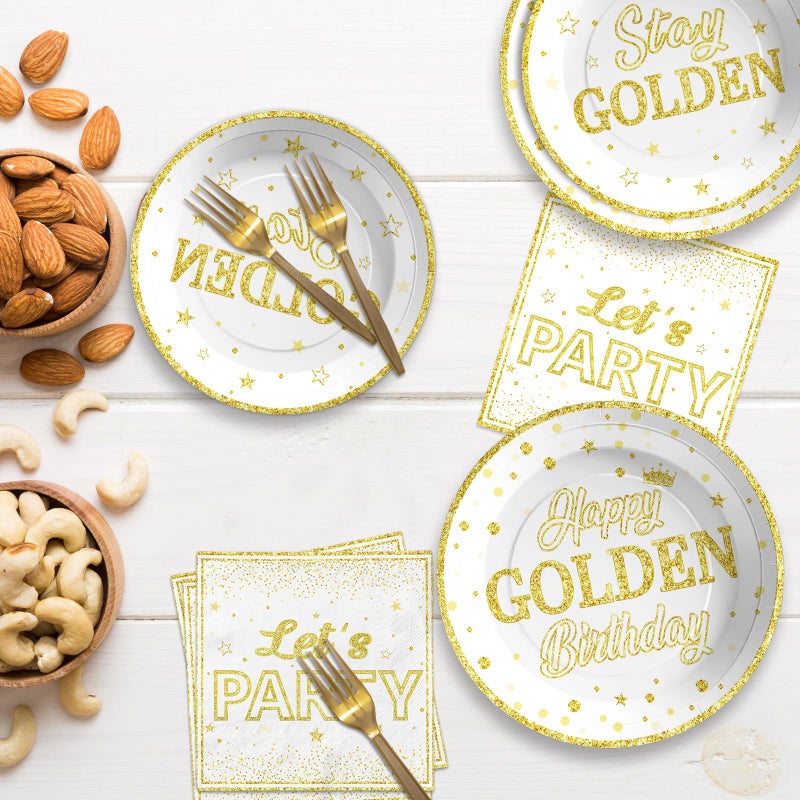 Grencian 96Pcs Golden Birthday Party Decorations White Gold Birthday Party Plates and Napkins Disposable Stay Golden Paper Tableware Set for Women Men Happy Birthday Party Supplies  Serves 24 - Image 5