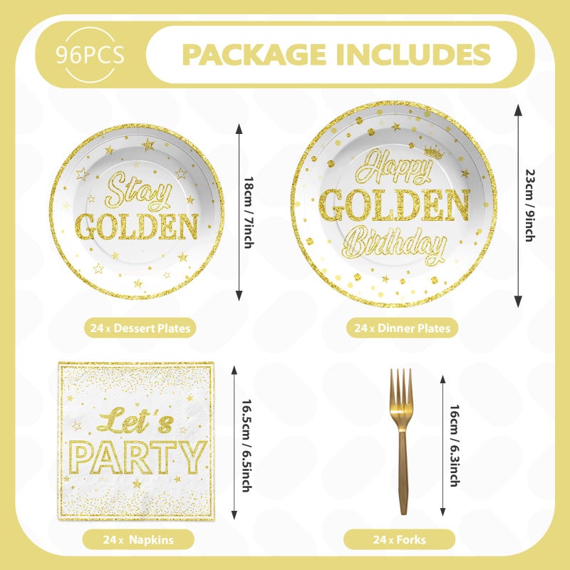 Grencian 96Pcs Golden Birthday Party Decorations White Gold Birthday Party Plates and Napkins Disposable Stay Golden Paper Tableware Set for Women Men Happy Birthday Party Supplies  Serves 24 - Image 3