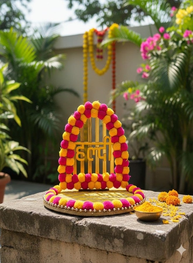 Mridang Decorative Haldi Plates Round Platter Holder Tray - Ideal for Haldi Ceremony, Decorative Plates for Bride and Groom, Marriage Functions - Image 1