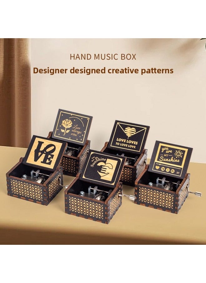 Generic - Wooden MDF Hand Movement Mechanical Music Box Log Color Dark Black Various Patterns Birthday Graduation Gift-Color:Dark Black Hand-cranked Music Box-The Letter - Image 1