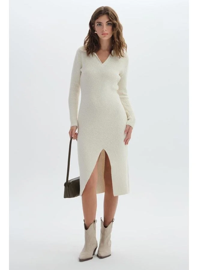 Sherin Ecru Polo Collar Dress with Slit Detail.