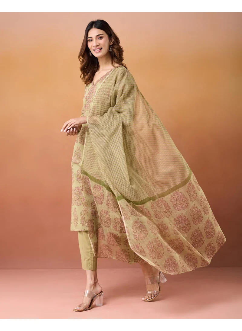 Fabindia Green Cotton Printed Kurta 3Pc Set