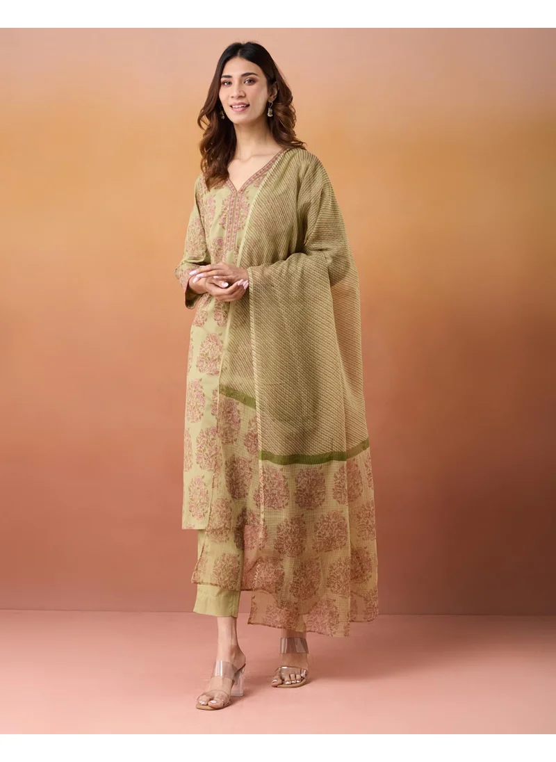 Fabindia Green Cotton Printed Kurta 3Pc Set