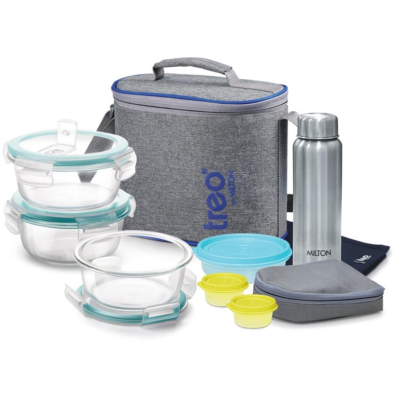 TREO تريو من ميلتون طقم زجاج تيفين جميع الطازج مع حقيبة، مجموعة من 8 (3 حاويات، 400 مل لكل منها؛ 1 زجاجة فولاذية، 750 مل؛ 2 - علبة مخلل/تشاتني، 30 مل لكل منها؛ 1 علبة سلطة/باباد، 200 مل؛ 1 حصيرة طعام)  - Image 2