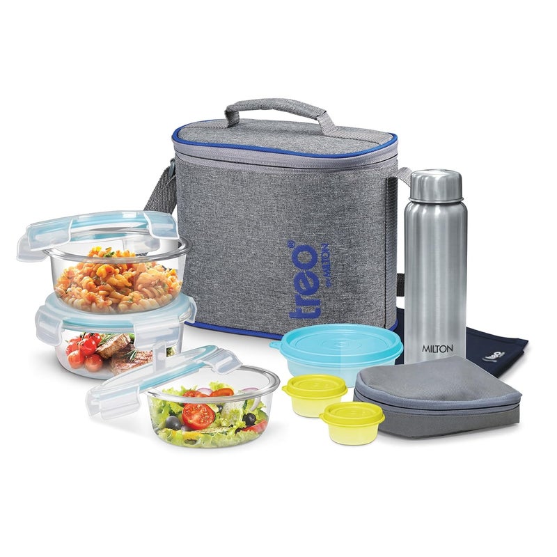 TREO تريو من ميلتون طقم زجاج تيفين جميع الطازج مع حقيبة، مجموعة من 8 (3 حاويات، 400 مل لكل منها؛ 1 زجاجة فولاذية، 750 مل؛ 2 - علبة مخلل/تشاتني، 30 مل لكل منها؛ 1 علبة سلطة/باباد، 200 مل؛ 1 حصيرة طعام)  - Image 1