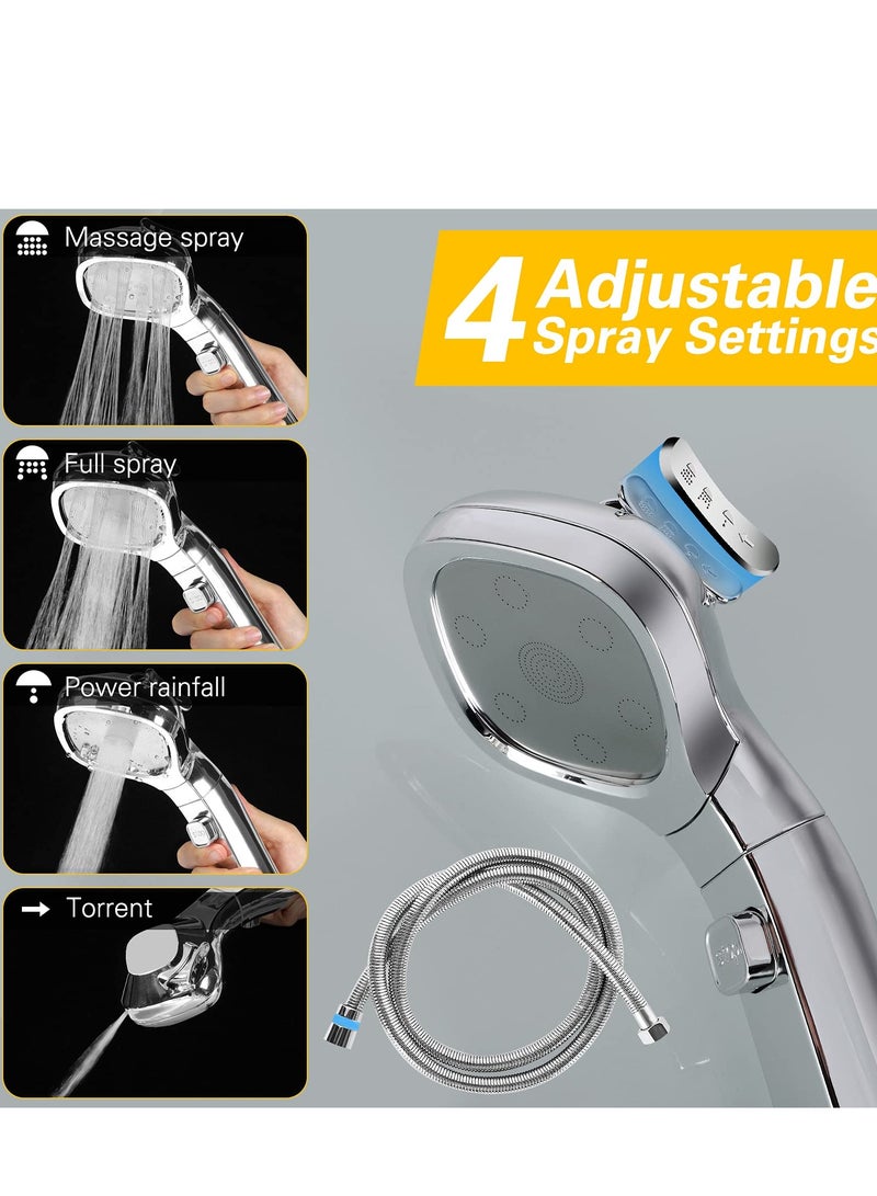 Zikra Shower Head, Universal High Pressure Shower Heads, Stainless Steel Chrome Finish Bath Showerhead with 4 Spray Modes, Double Boost Water Saving Handheld Showerhead with 1.5m Hose (Silver) - Image 2