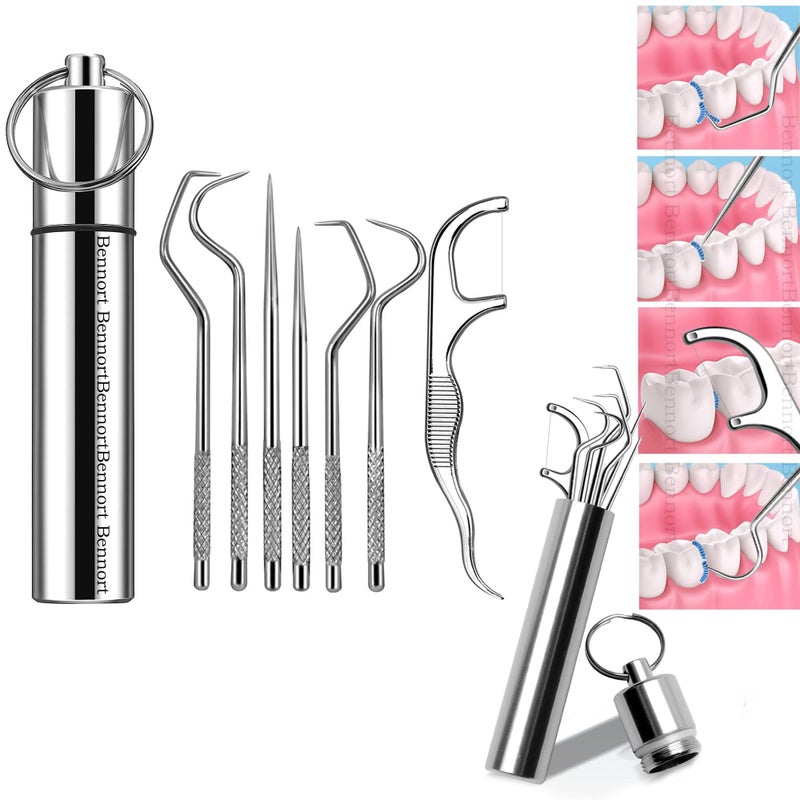 Bennort® 7pcs Teeth Cleaner Stick Dental Floss Toothpicks Set with Aluminum Tube, Reusable Tooth Cleaning Teeth Braces Cleaner for Outdoor Camping Traveling - Image 1