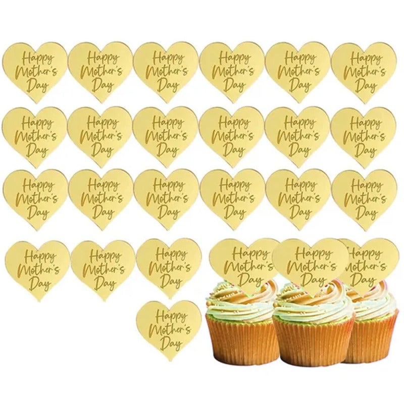 Mother's Day Cupcake Toppers: 25 Gold Mirrored Acrylic Pieces - Reusable Durable Luxury Decorations for Mother's Day Parties, Bridal Showers and Women's Birthdays - Image 1