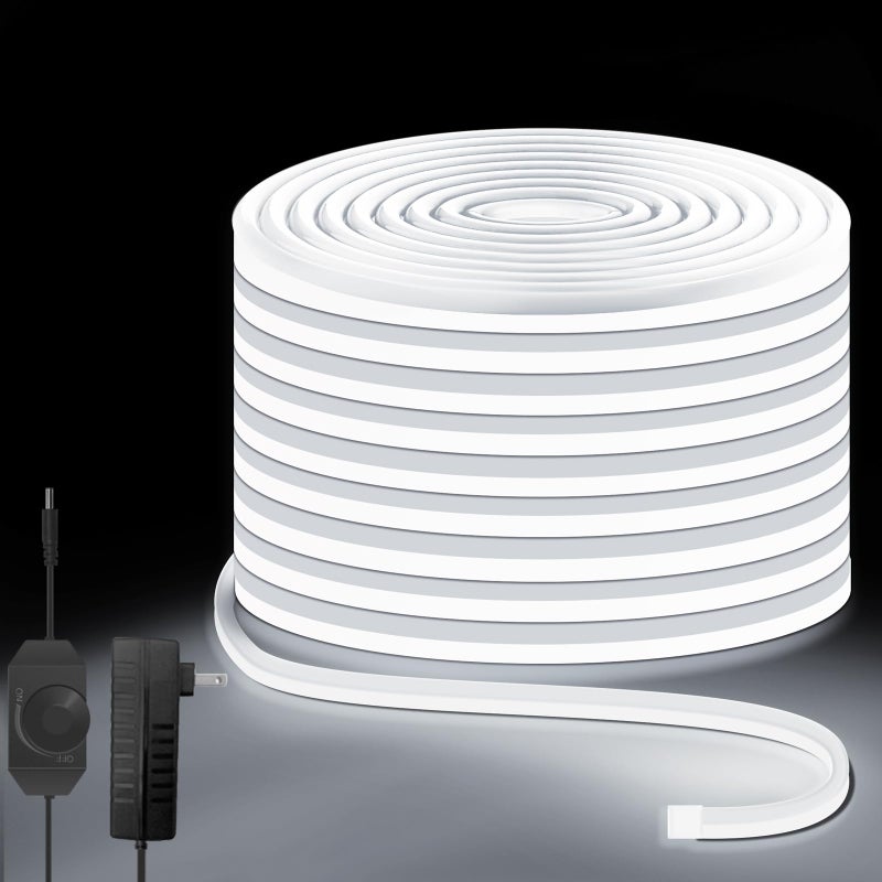 Lucienstar Neon Rope Lights 32.8ft, 6000K White Dimmable LED Strip Lights, 24V Flexible Cuttable IP67 Waterproof LED Rope Lights for Bedroom Indoor Outdoor (Power Adapter Included) - Image 1
