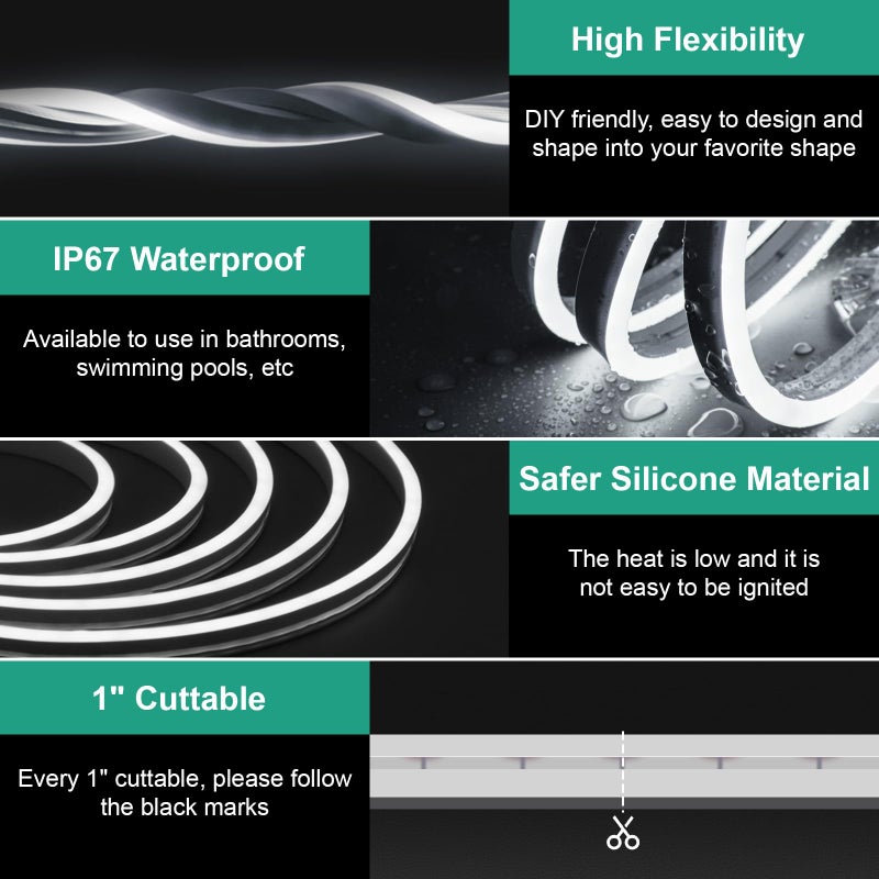 Lucienstar Neon Rope Lights 32.8ft, 6000K White Dimmable LED Strip Lights, 24V Flexible Cuttable IP67 Waterproof LED Rope Lights for Bedroom Indoor Outdoor (Power Adapter Included) - Image 3