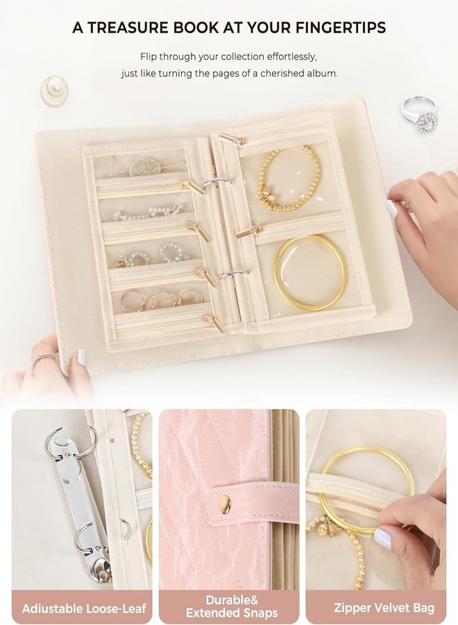 Calyrex Travel Jewelry Organizer Case, Zipper Binder Jewelry Storage Book with Clear Velvet Pouches, Perfect Birthday Gifts for Women, Jewelry Box Bag for Earrings, Necklace, Ring, Pink - Image 2