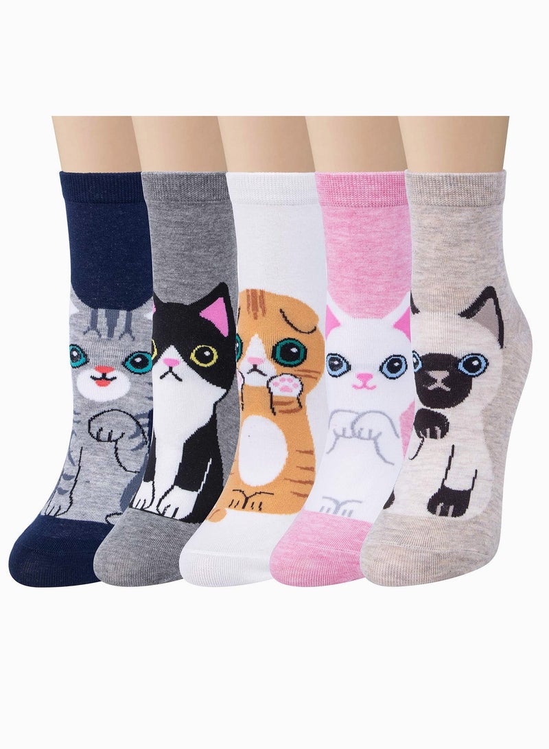 Luckam lovely Animal Socks Cat Pattern Socks for Women 5 Pairs Funny Cat Socks and Cool Cotton Art Painting Cat Socks Women - Image 1