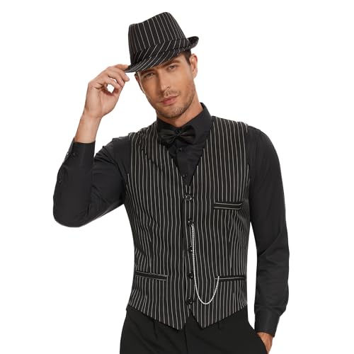 Pixiemain 1920s Mens Costume Roaring 20s Costumes Outfit with Gangster Vest,Fedora Hat,Bow tie-Stp-2XL - Image 1