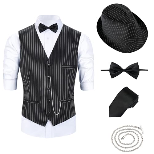 Pixiemain 1920s Mens Costume Roaring 20s Costumes Outfit with Gangster Vest,Fedora Hat,Bow tie-Stp-2XL - Image 4