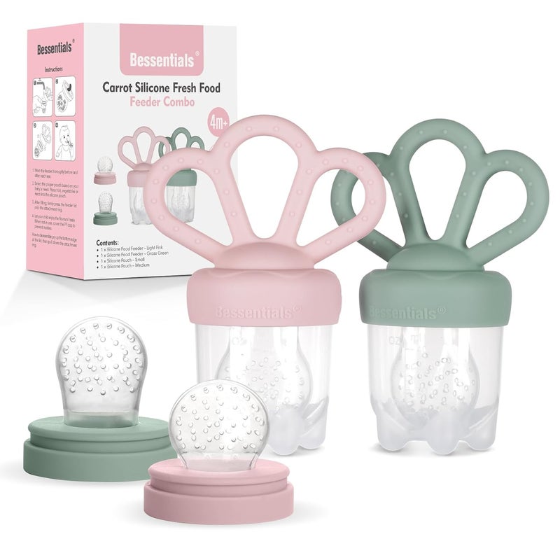 Bessentials Carrot Baby Fresh Fruit Food Feeder  2 Pack Silicone Mesh Feeders  Safe Infant SelfFeedingIncludes 3 Sizes of Food Pouches Suitable for Baby 4MBPAFree Pink  Grass Green - Image 1