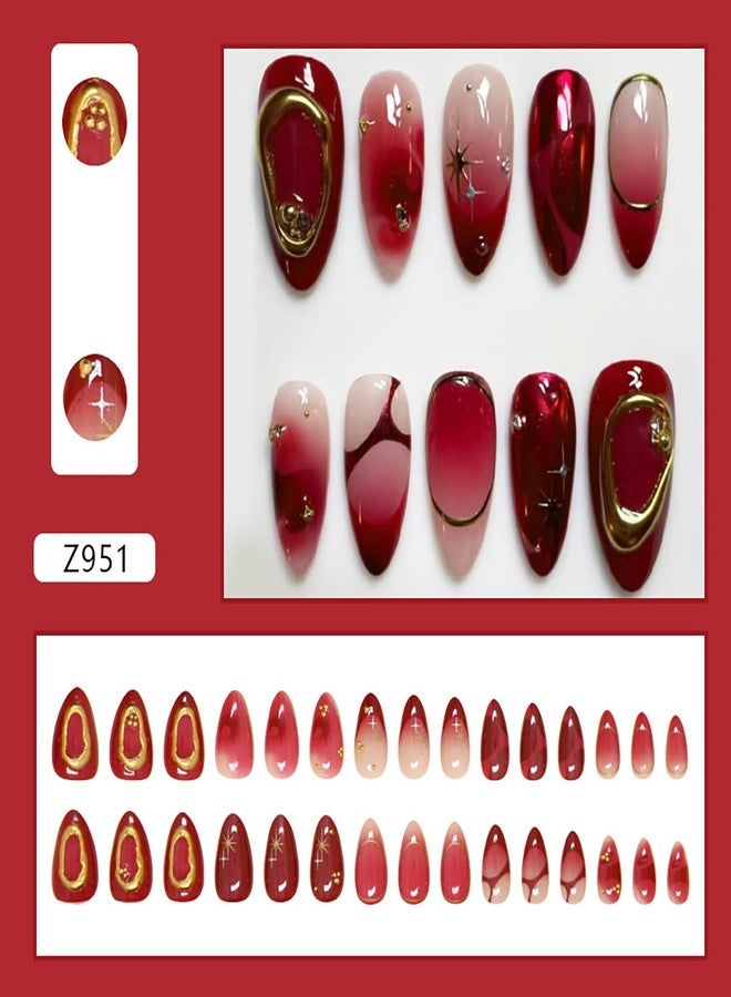 KRTBKR 30Pcs Ombre Red Press on Nails Medium Almond Fake Nails 3D Star Rhinestones Glitter Handmade Design Y2K Gold Star Bead Full Cover Stick on Nails Chrome False Nails for Women Acrylic Nail Decorations - Image 2