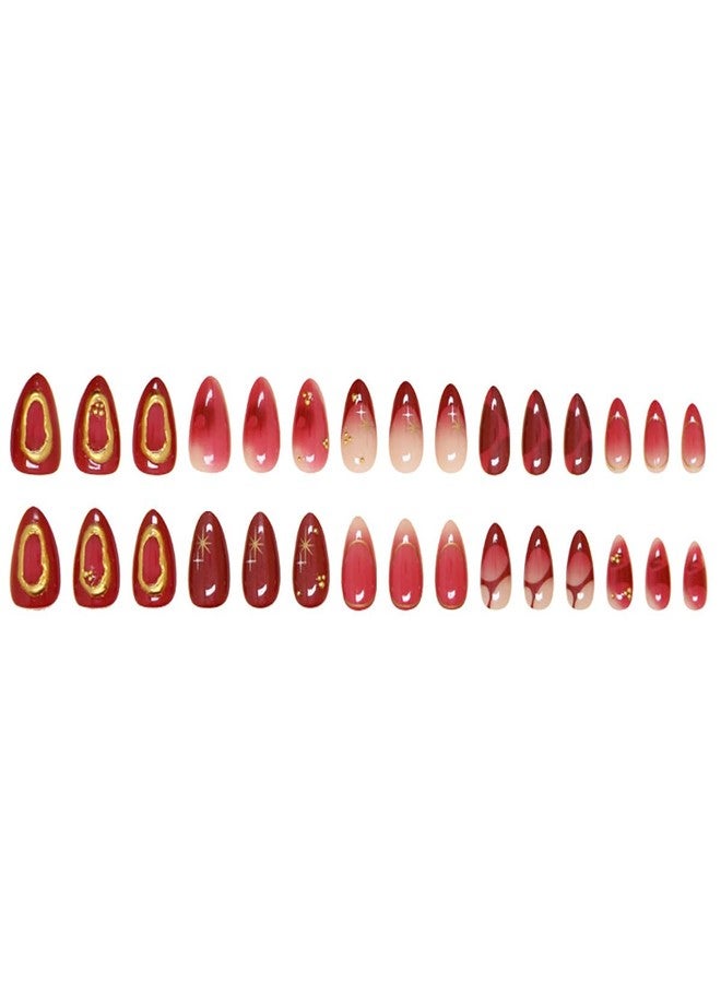 KRTBKR 30Pcs Ombre Red Press on Nails Medium Almond Fake Nails 3D Star Rhinestones Glitter Handmade Design Y2K Gold Star Bead Full Cover Stick on Nails Chrome False Nails for Women Acrylic Nail Decorations - Image 5
