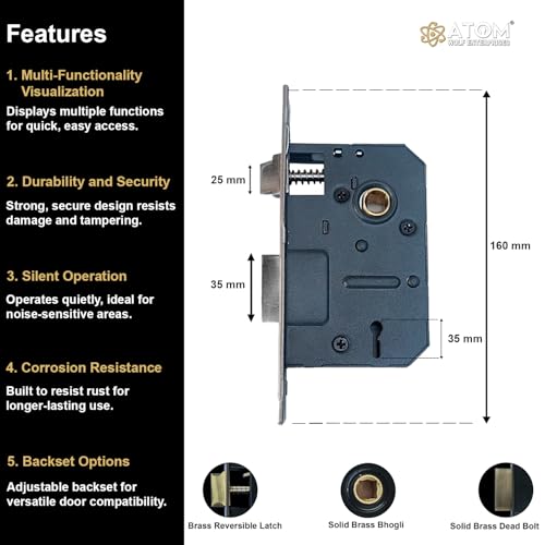 Atom Door Lock for Home, 8 Inch Steel Alloy Black Gold Handleset, 6 Lever Double Stage Lockset with Brass Lock Mechanism for House, Hotel, Office (606KY) - Image 5