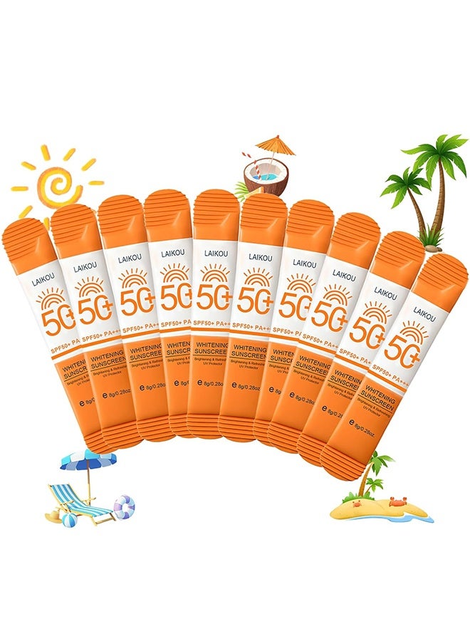 لايكو 10 عبوات من واقي الشمس المصغر لتفتيح البشرة SPF50 PA، واقي شمس بحجم السفر للوجه والجسم، مقاوم للماء وغير دهني، كريم شمس فردي مقاوم للماء، ضروري للشاطئ عند السفر، ومناسب للهدايا وحفلات الشكر، 0.28 أونصة/عبوة - Image 1