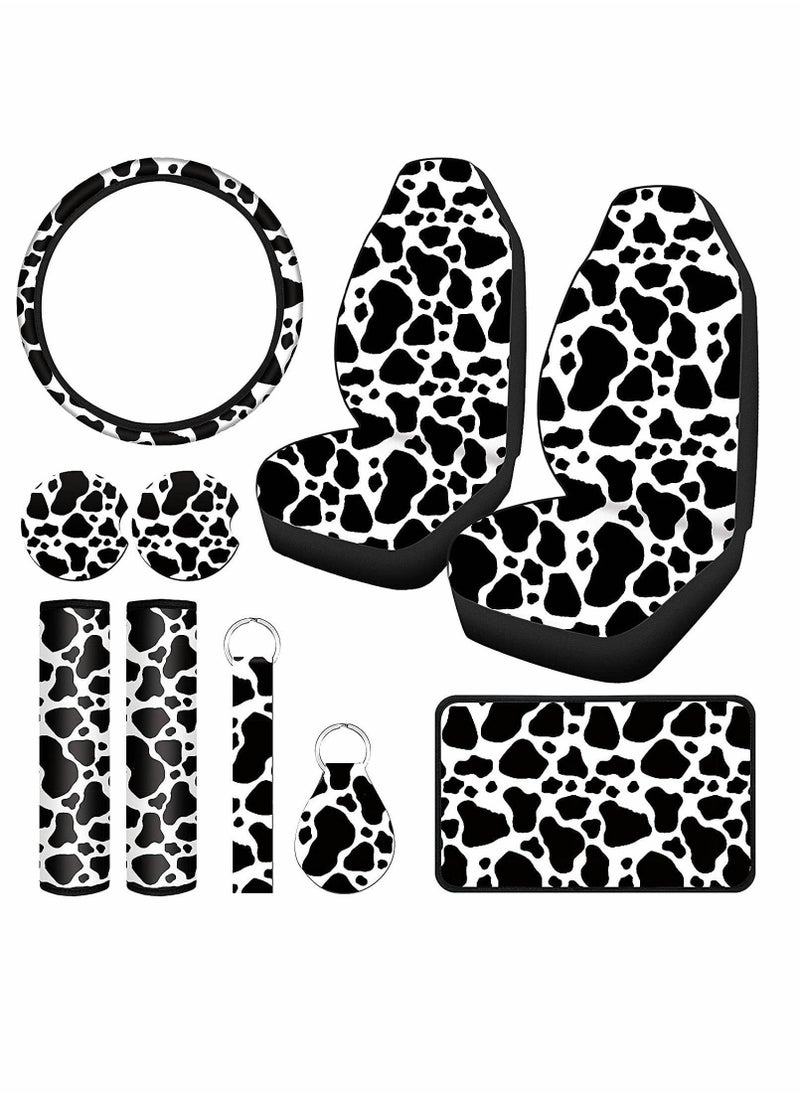 Y&D Car Seat Protector, 10pcs Milk Cow Print Cover, Steering Wheel Thickening Fabric Front Covers, Coasters Keyring Armrest Pad Belt, Pads Wrist Strap for Vehicles  - Image 1
