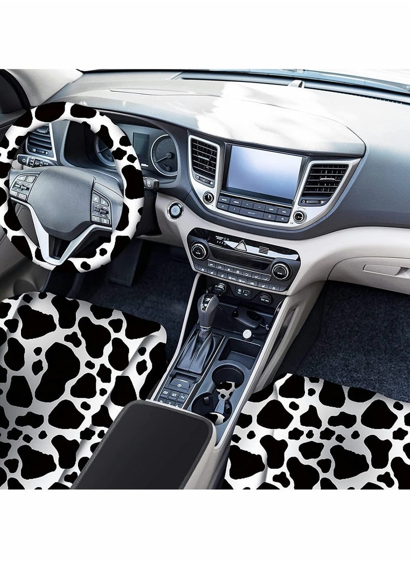 Y&D Car Seat Protector, 10pcs Milk Cow Print Cover, Steering Wheel Thickening Fabric Front Covers, Coasters Keyring Armrest Pad Belt, Pads Wrist Strap for Vehicles  - Image 2