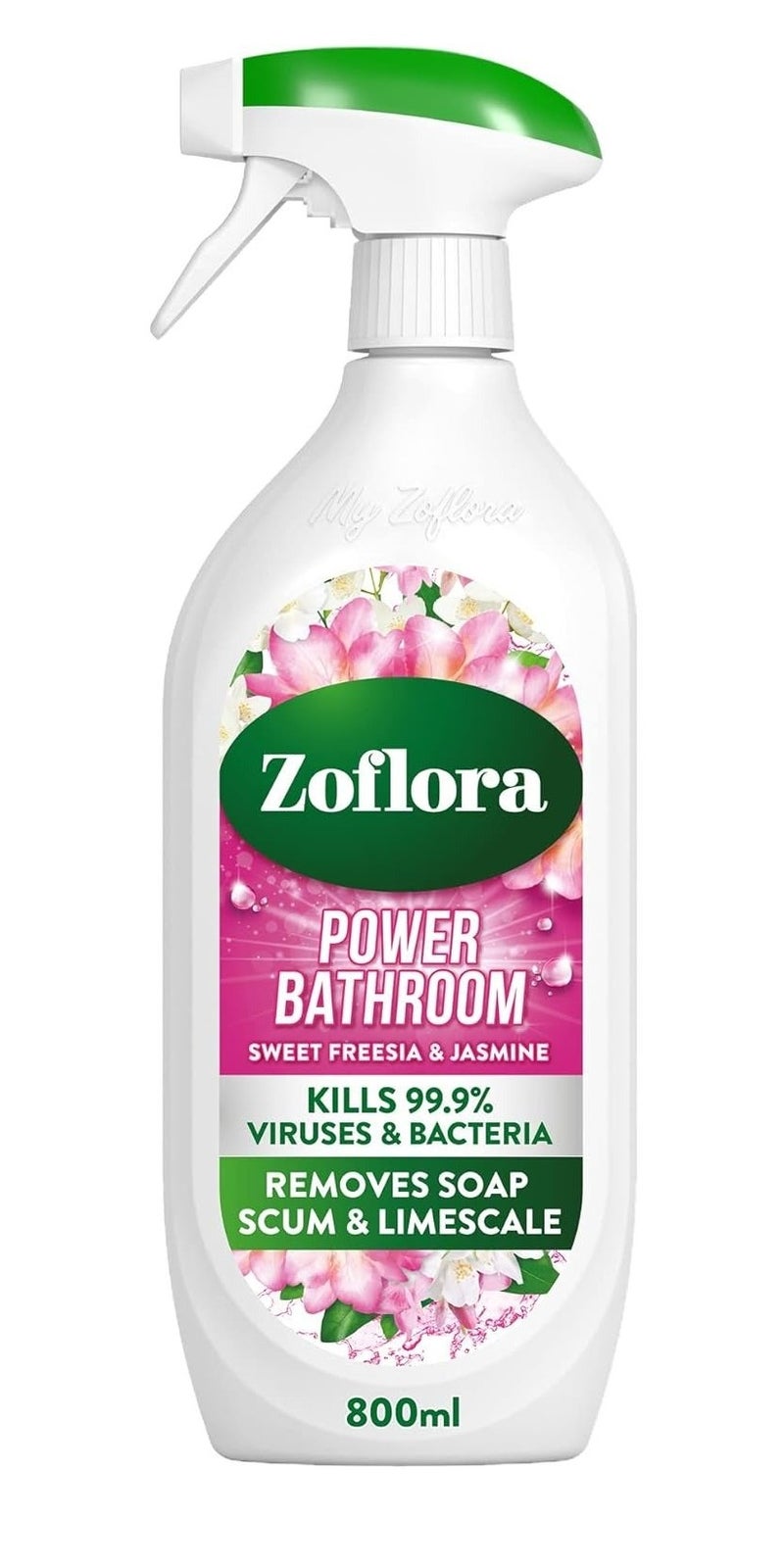 Zoflora Power Bathroom Cleaner Spray 800ML Sweet Freesia & Jasmine, Antibacterial Bathroom Cleaner, Kills 99.9% Viruses & Bacteria, Removes Limescale & Soap Scum - Image 1