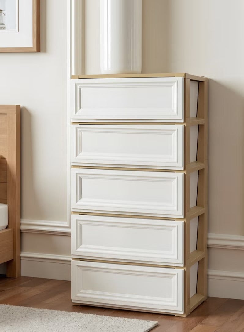 بلاستيكنا وحدة أدراج تخزين بلاستيك تحتوي على بصمة خشبية 5 أدراج، متينة وعملية، تتيح لك تخزين الأغراض المختلفة بكل سهولة، لون بيج/أبيض - Image 1