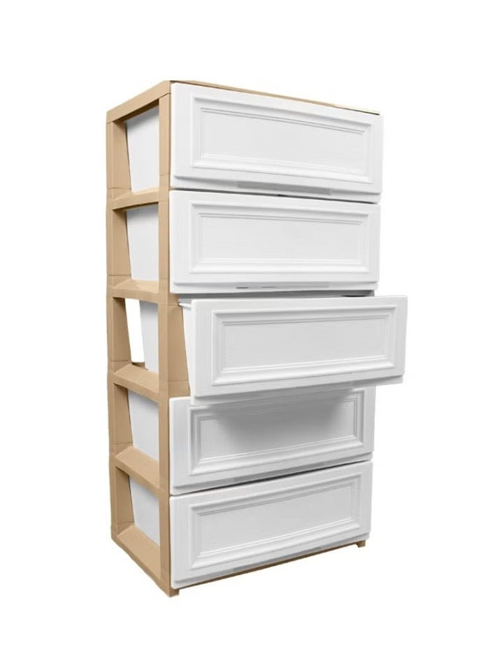 بلاستيكنا وحدة أدراج تخزين بلاستيك تحتوي على بصمة خشبية 5 أدراج، متينة وعملية، تتيح لك تخزين الأغراض المختلفة بكل سهولة، لون بيج/أبيض - Image 2