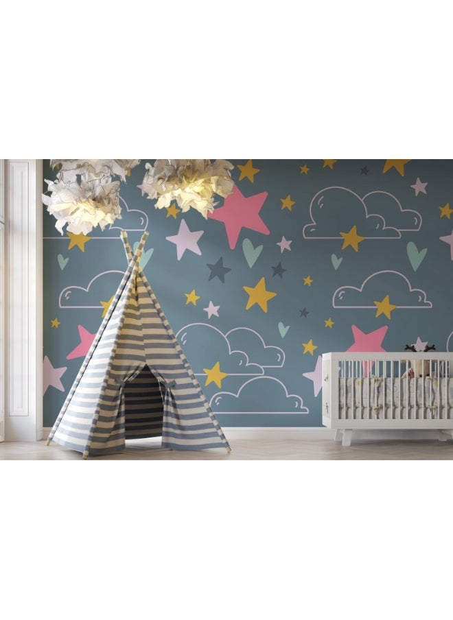 Home Gallery - Stars And Clouds In Boho Style On A Dark Gray Background  Fabric Wallpaper Covers An Area ​​Up To 4.2Mx3M With Adhesive  And Smoothing Tool - Image 1