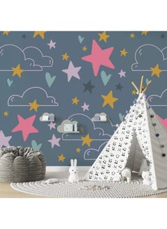Stars And Clouds In Boho Style On A Dark Gray Background  Fabric Wallpaper Covers An Area ​​Up To 4.2Mx3M With Adhesive  And Smoothing Tool