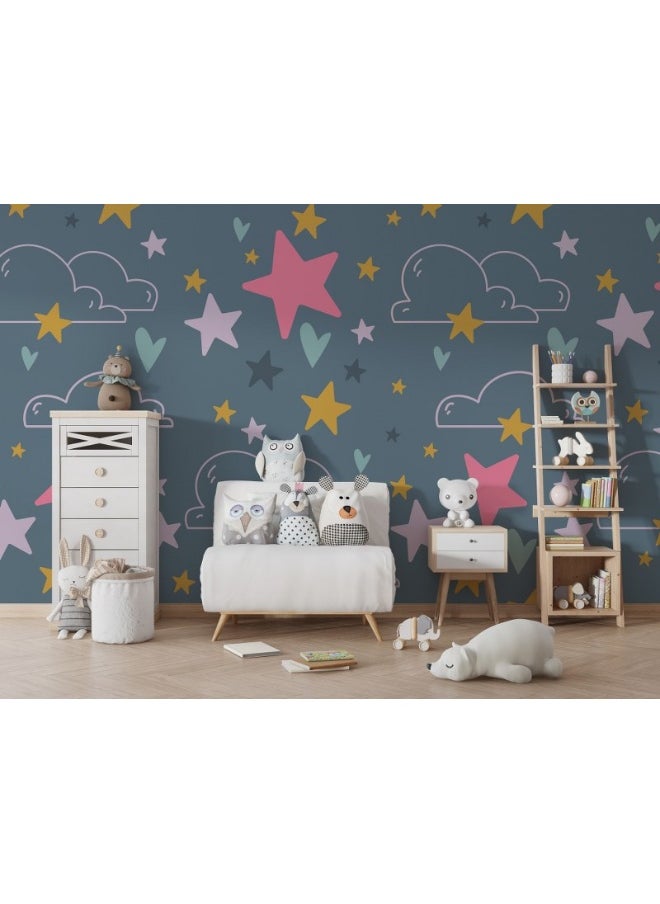 Home Gallery - Stars And Clouds In Boho Style On A Dark Gray Background  Fabric Wallpaper Covers An Area ​​Up To 4.2Mx3M With Adhesive  And Smoothing Tool - Image 1