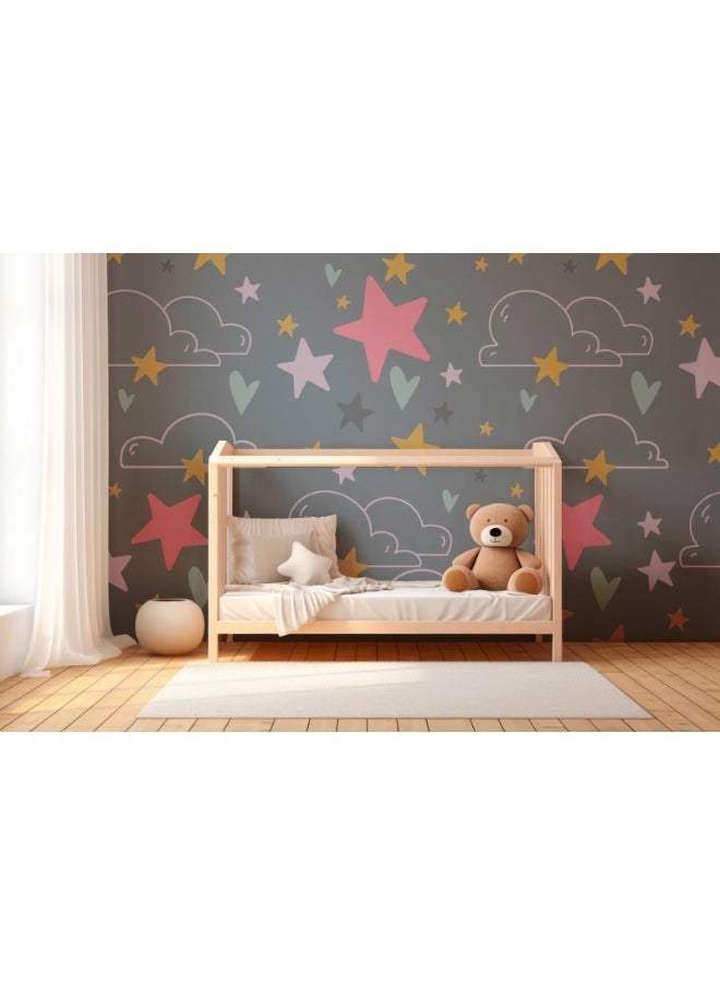 Home Gallery - Stars And Clouds In Boho Style On A Dark Gray Background  Fabric Wallpaper Covers An Area ​​Up To 4.2Mx3M With Adhesive  And Smoothing Tool - Image 1