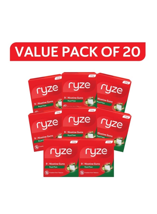 رايز RYZE علكة النيكوتين 2 ملغ | عبوة من 20 (180 قطعة علكة) | بنكهة "رويال بان" | تحرر من التدخين والتبغ | لطيفة على الحلق | معتمدة من إدارة الغذاء والدواء (FDA) | خالية من السكر | لتبييض الأسنان - Image 1