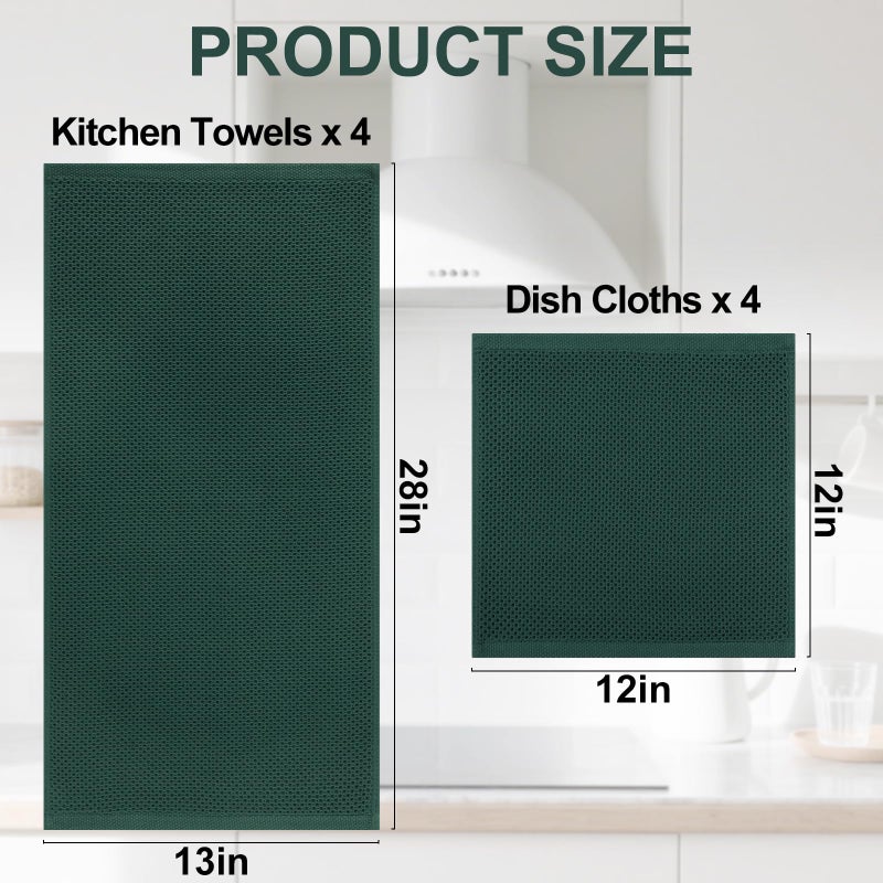Homaxy 100% Cotton Kitchen Towels and Dishcloths Set, 12 x 12 Inches and 13 x 28 Inches, Set of 8 Bulk Kitchen Towels Set, Ultra Soft Absorbent Dish Cloths for Washing Dishes, Blackish Green - Image 4