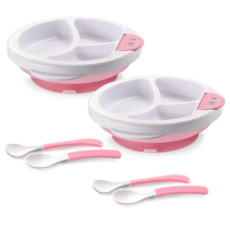 Matyz 2-Pack Baby Feeding Suction Warm Plate with Draining and Drying Design - Stay Put Divided Plate for Kids - Including 2 Toddler Plates and 4 Spoons - Microwave & Dishwasher Safe (Pink) - Image 1