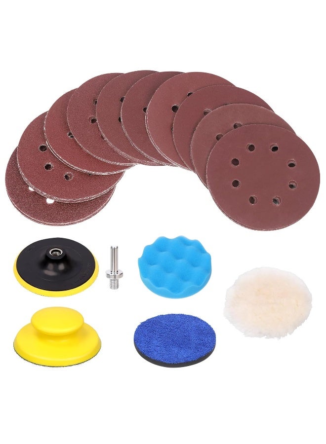 Glarks 65Pcs 5 Inch Hook and Loop Backing Pad and Round Hand Sanding Block with 60Pcs 8 Holes Sanding Discs 40-800 Grit and 3Pcs Buffing Polishing Pads Assortment Kit for Wood Metal Jewelry Craft - Image 1