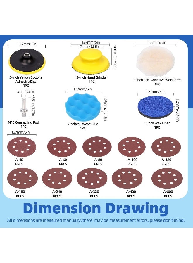 Glarks 65Pcs 5 Inch Hook and Loop Backing Pad and Round Hand Sanding Block with 60Pcs 8 Holes Sanding Discs 40-800 Grit and 3Pcs Buffing Polishing Pads Assortment Kit for Wood Metal Jewelry Craft - Image 2