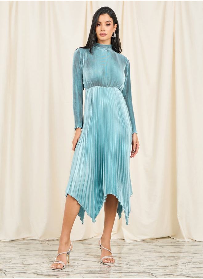 Styli Plisse High Neck Handkerchief Hem Midi Dress  - Image 1