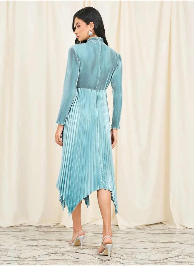 Styli Plisse High Neck Handkerchief Hem Midi Dress