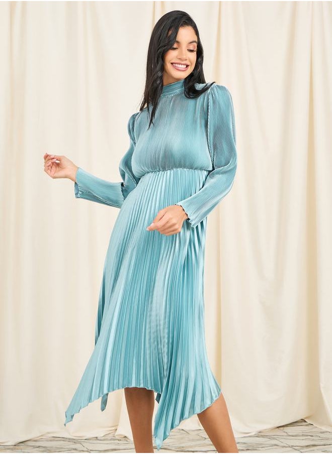 Styli Plisse High Neck Handkerchief Hem Midi Dress  - Image 2
