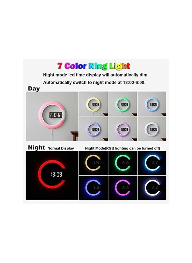 IAF - LED Wall Clock, USB Power Remote Control Digital Wall Clock Creative LED Mirror Wall Clock with Alarm/Temperature Ring Multicolor Light 12 Inch Round Hollow Wall Light with Color Switching - Image 1