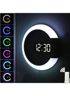 LED Wall Clock, USB Power Remote Control Digital Wall Clock Creative LED Mirror Wall Clock with Alarm/Temperature Ring Multicolor Light 12 Inch Round Hollow Wall Light with Color Switching