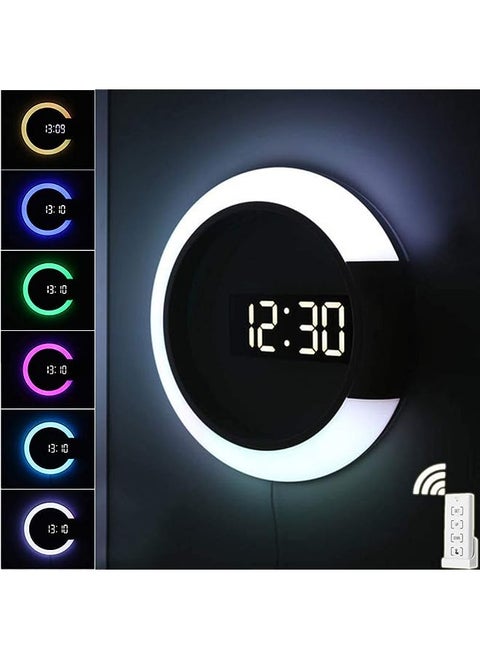 LED Wall Clock, USB Power Remote Control Digital Wall Clock Creative LED Mirror Wall Clock with Alarm/Temperature Ring Multicolor Light 12 Inch Round Hollow Wall Light with Color Switching