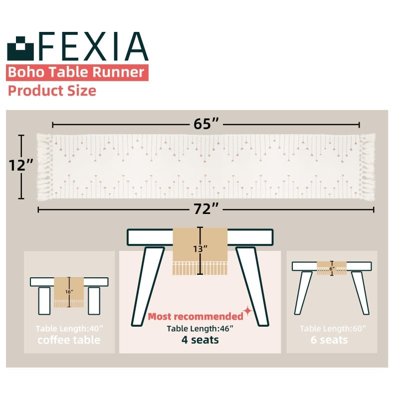 FEXIA Boho Table Runner with Tassels 72 Inches Long for Home Decor Room Decor Farmhouse Rustic Macrame Table Runners for Dining Bedroom Bridal Shower(12x72 Inches) - Image 2